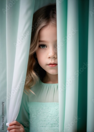 Close-up portrait of a little girl behind a curtain