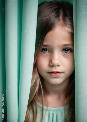 Close-up portrait of a little girl behind a curtain