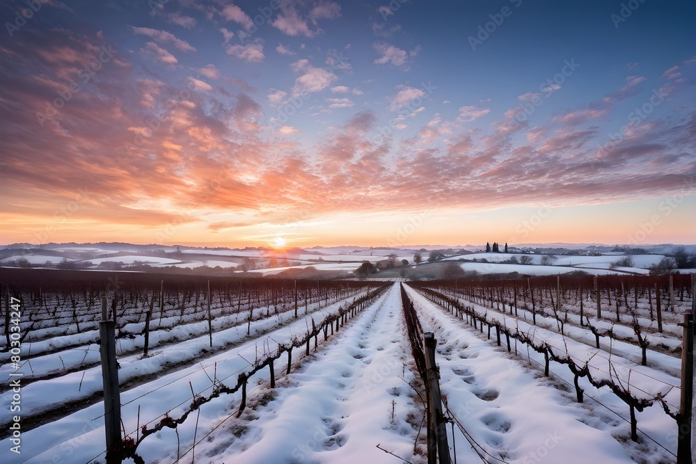winter in the vineyard with snow blankets dormant vines and ambient light