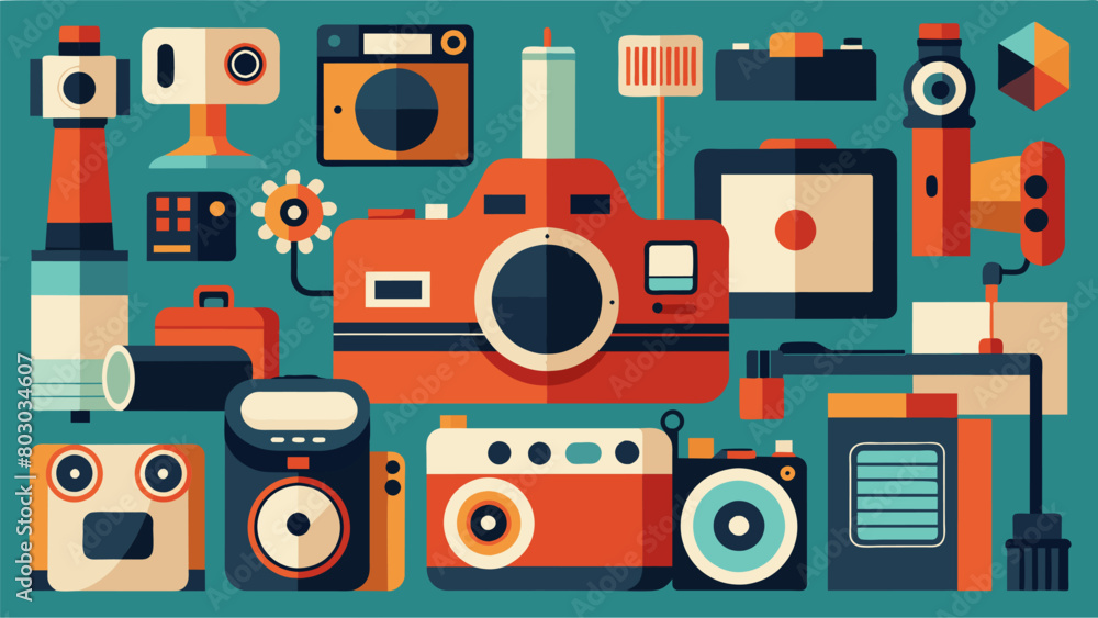The workshop space is filled with an array of vintage cameras from box cameras to old folding cameras showcasing the evolution of photography. Vector illustration The workshop space is filled with an array of vintage cameras from box cameras to old folding cameras showcasing the evolution of photography. Vector illustration