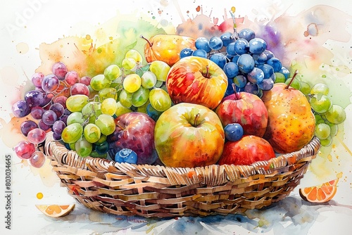 Lively pop art depiction of fruits in a basket in watercolor, bright pastels blended with sepia, capturing the vibrancy vividly