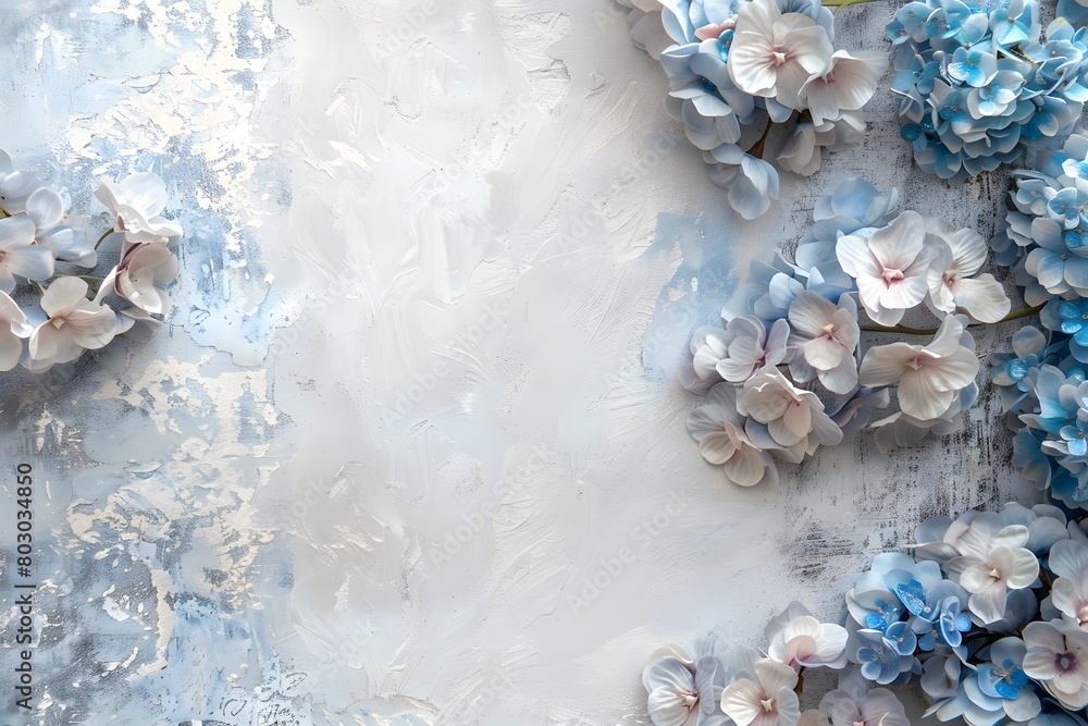 Fototapeta premium Botanical concept, invitation card - Soft focus, abstract floral background. Pale flowers of hydrangea flowers on a decorative background. Macro flowers backdrop for holiday brand design. 