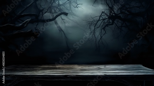 Eerie Halloween Ambiance: Moonlit Trees on Rustic Table Silhouette #803034851