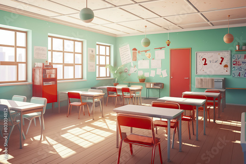 A vibrant, colorful classroom with educational posters and sunny ambiance, fostering an engaging and positive learning environment