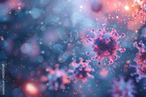 Virus particles in a surreal cosmic setting  enhanced with pink and blue hues and a soft focus background