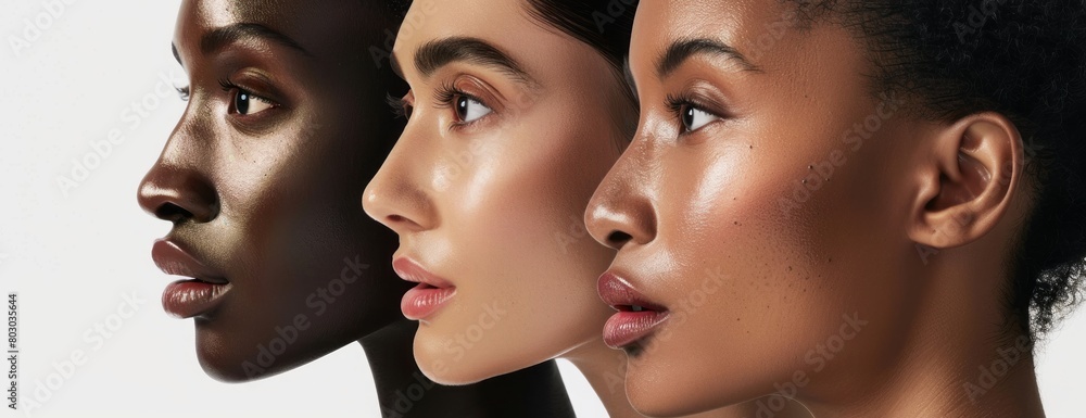 A side profile view of three women with different skin tones, all have perfect smooth skin, all facing the same direction looking straight ahead towards the left side A side profile view of three women with different skin tones, all have perfect smooth skin, all facing the same direction looking straight ahead towards the left side