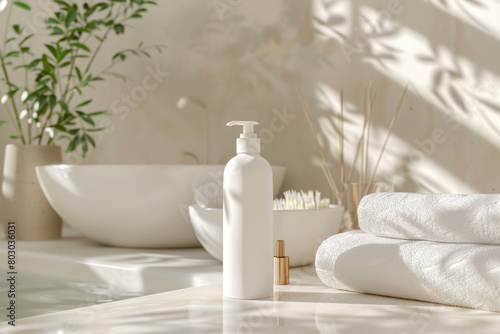 Pump bottle with natural decor on bathroom counter