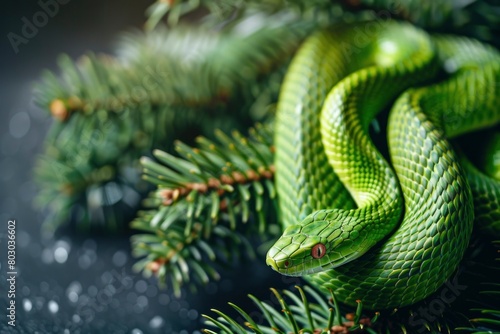 Vibrant Green Snake Coiled on Pine Branch © NS
