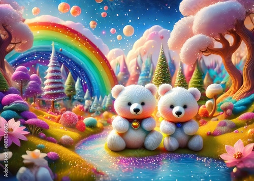 Generated image of a fantasy glittery wonderland of cute cuddly toys and unicorns with rainbows. © studiorel