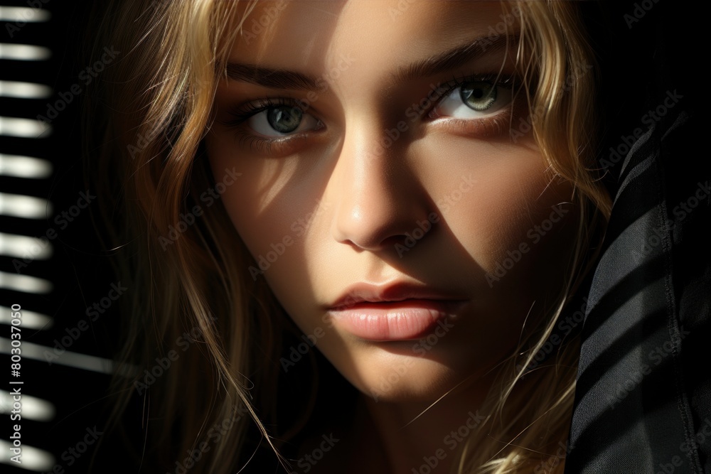 Mysterious Woman in Shadows with Intense Gaze and Golden Hair Mysterious Woman in Shadows with Intense Gaze and Golden Hair