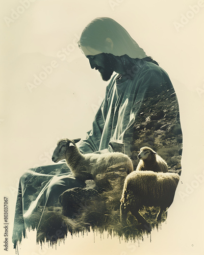 Double exposure image of Jesus Christ, the good shepherd and flock of sheep photo