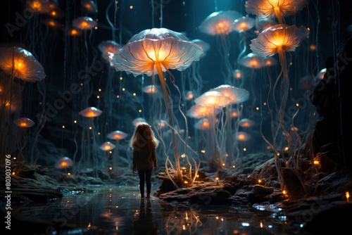 Enchanted Forest with Bioluminescent Jellyfish-Like Flowers and Lone Explorer © NS
