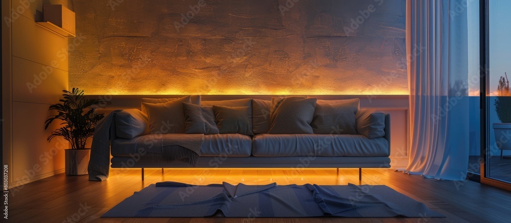 Furniture set beside illuminated wall in the room