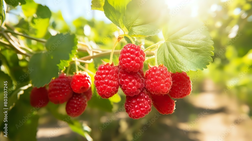 Raspberry Delight: Ripe Red Berries on Plant in Sunny Orchard Raspberry Delight: Ripe Red Berries on Plant in Sunny Orchard