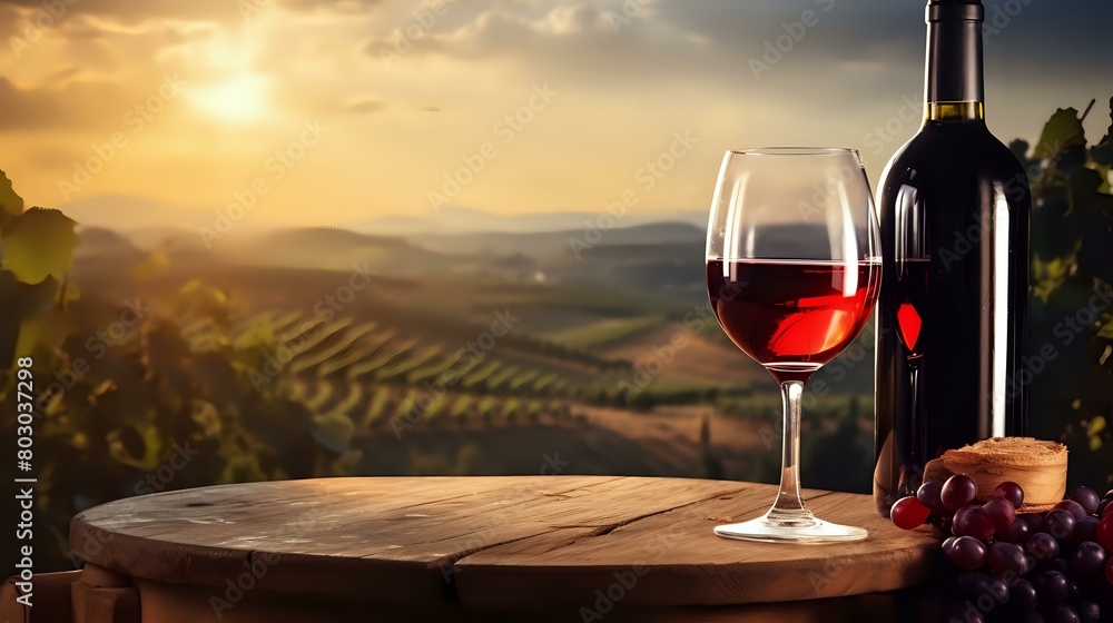 Tuscan Wine Barrel Scene: Red Wine Bottle with Tuscany Background