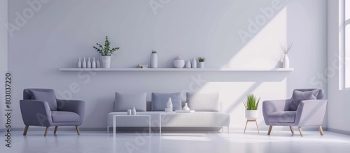 Minimalist interior design of a modern living room with light blue armchairs