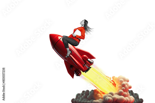 Art collage. Launch of a red rocket with a smiling business woman, isolated on free png background. Successful start up concept. Leadership, leading to success or business vision concept. photo