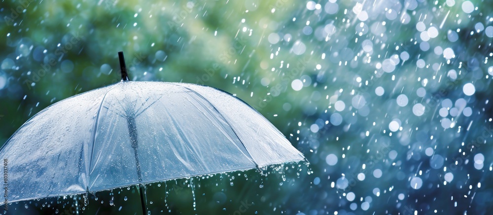 White umbrella in the rain, water droplets on it, blurred background