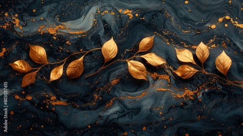 Golden leaves and black watercolor marbled abstract background