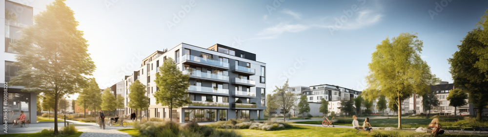 Obraz premium Sunlit Modern Housing Complex with Recreational Spaces