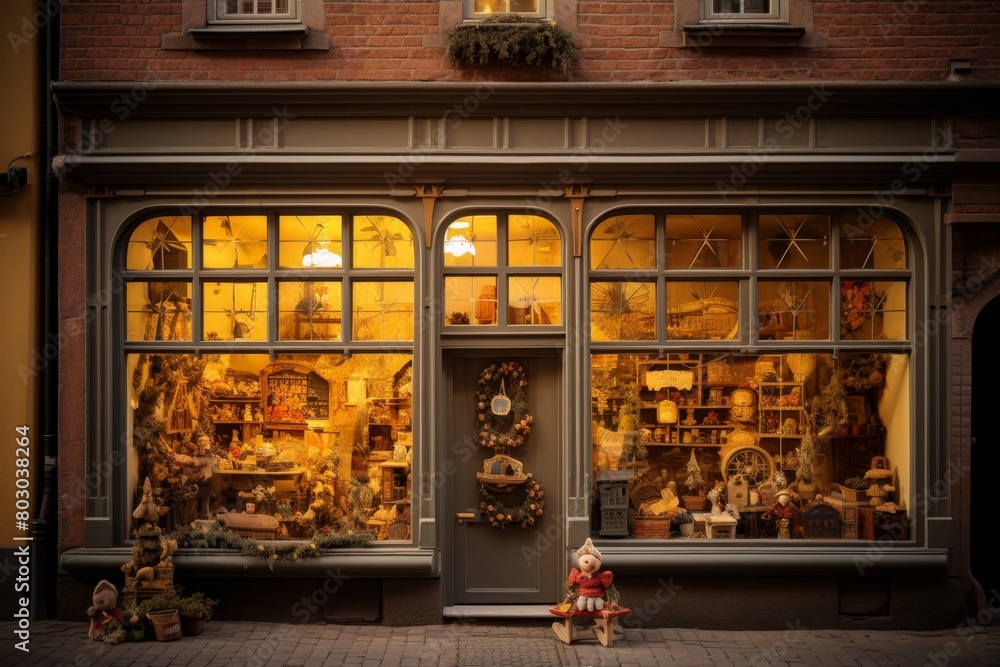 A Vintage Toy Shop Nestled in a Quaint European Village, Illuminated by the Warm Glow of Sunset, with Children Peering Excitedly Through the Window