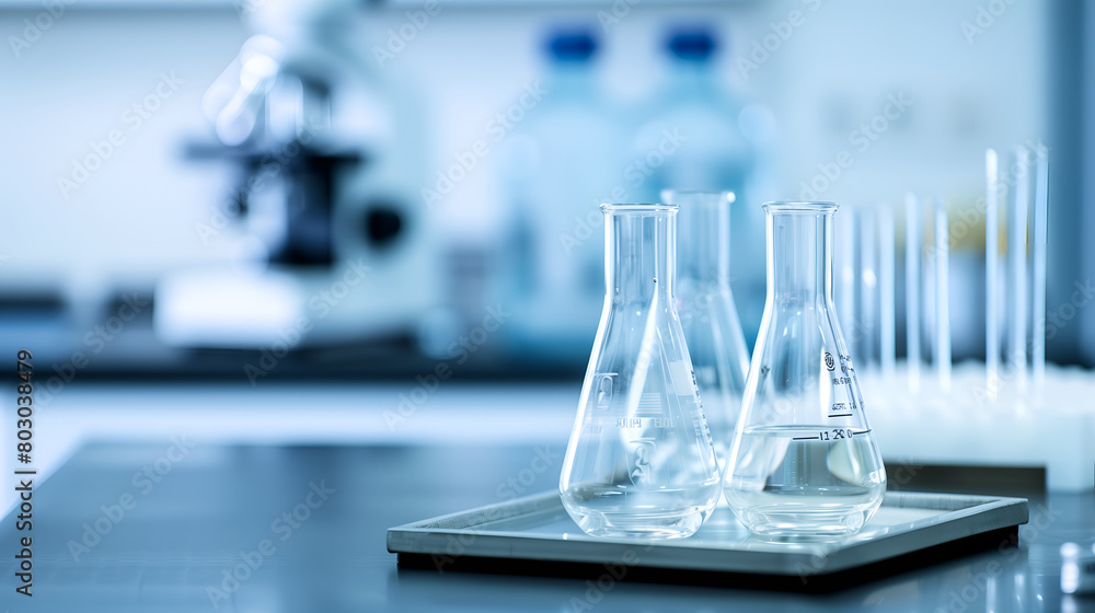 Glass flask in science laboratory background