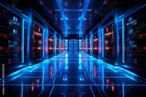 A Futuristic Vision of a High-Tech Data Center Illuminated by Neon Lights  Showcasing Rows of Servers and Advanced Computing Technology