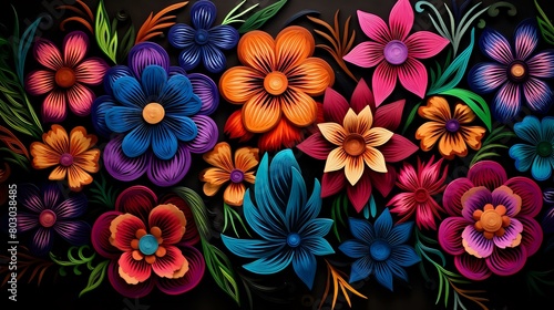 Handcrafted Textile Art: Colorful Flowers Woven in Latin Hispanic Fabric