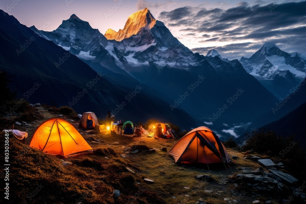 A Serene Mountain Campsite at Dusk with Illuminated Tents, a Crackling Bonfire, and Majestic Snow-Capped Peaks in the Background