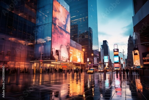 A Futuristic Cityscape at Dusk with a Massive Digital Billboard Building Displaying Vibrant Advertisements