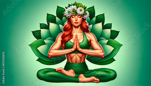 woman in lotus pose surrounded by lotus petals, in vivid greens, symbolizing tranquility and balance, ideal for wellness brands and spaces with copy space photo