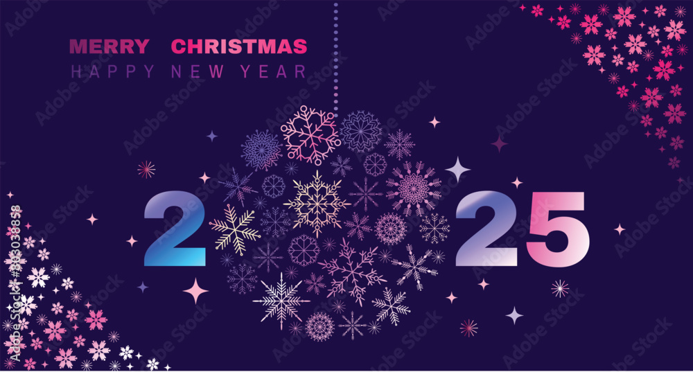 Merry Christmas and Happy New Year 2025 holiday template neon gradient design banner, card Gifts, Santa, ball toy, christmas tree, snowflake Modern Xmas flat cartoon vector illustration Merry Christmas and Happy New Year 2025 holiday template neon gradient design banner, card Gifts, Santa, ball toy, christmas tree, snowflake Modern Xmas flat cartoon vector illustration