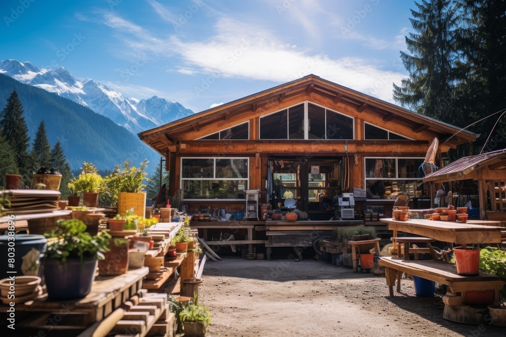 A Rustic Mountain Pottery Workshop Nestled Amongst Snow-Capped Peaks, Surrounded by Lush Evergreen Forests Under a Clear Blue Sky