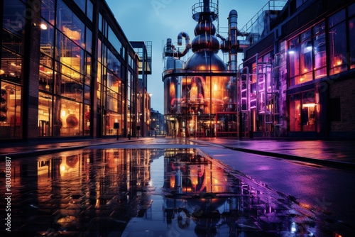 A Vibrant Urban Distillery Nestled in the Heart of a Bustling City, Illuminated by Neon Lights Reflecting off Rain-soaked Streets © aicandy