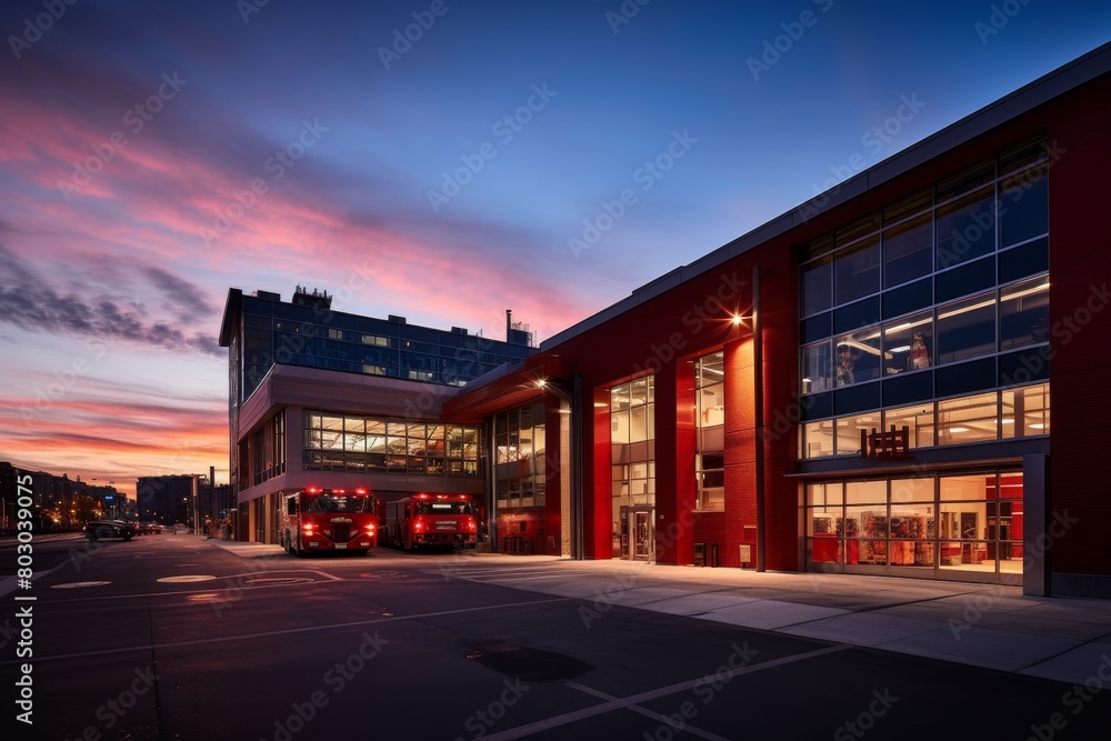A Vibrant Red Fire Station Building at Dusk, Illuminated by Street Lights, with Fire Trucks Parked Ready for Duty