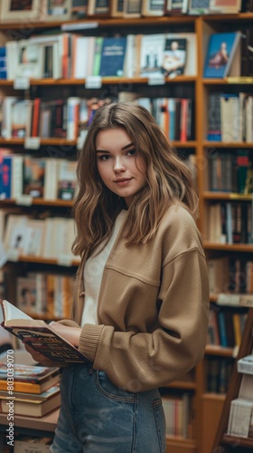 woman with book in bookstore