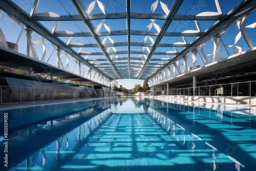 A vibrant public swimming pool bustling with activity, showcasing a unique blend of modern architecture and recreational design