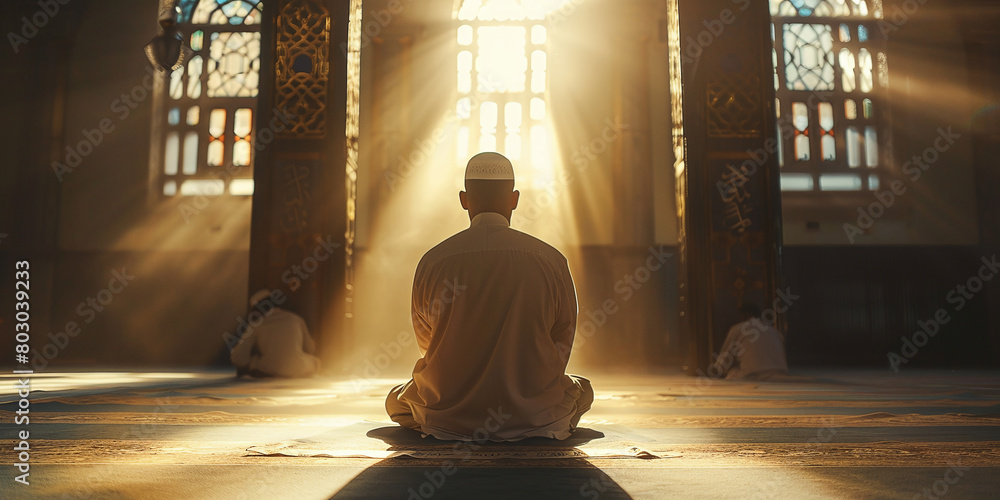 A Muslim man sits on a prayer mat in an Islamic mosque, praying with sunlight shining through large windows behind him A Muslim man sits on a prayer mat in an Islamic mosque, praying with sunlight shining through large windows behind him