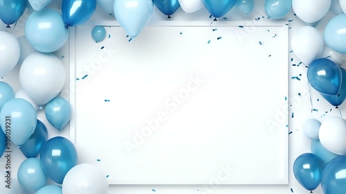 Birthday Balloon Decor: White Frame with Blue Balloons on Abstract Background
