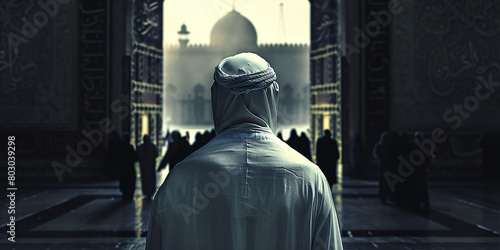 A Muslim man in a shieed, standing facing Mecca with an open gate behind him and people walking inside it, against a dark background photo