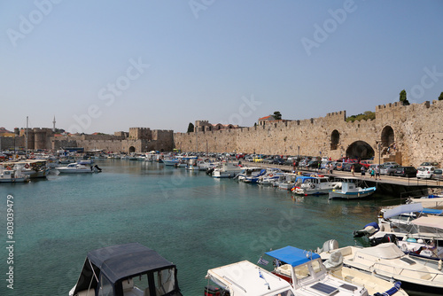 Rhodes, Greece - August 10, 2017: View from the sea to the fortress of the city of Rhodes, Greece.