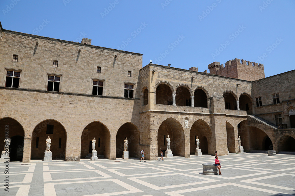 Rhodes, Greece - August 10, 2017: Archaeological museum, arches, stone building, medieval old european architecture