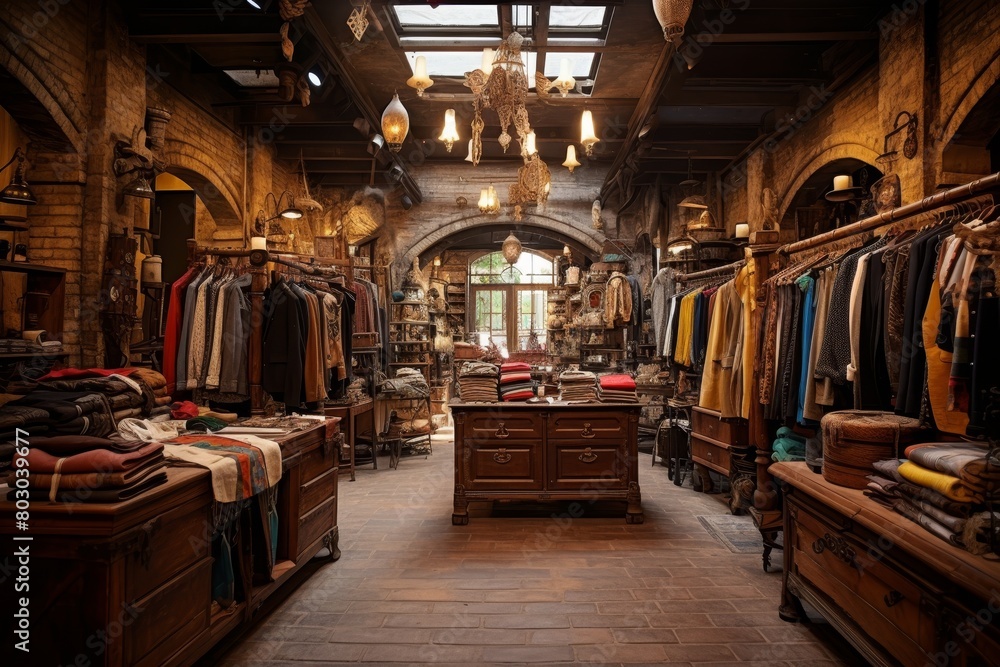 Vintage Clothing Store with Retro Designs, Showcasing an Array of Colorful Garments, Accessories, and Antiques in a Rustic Architectural Setting