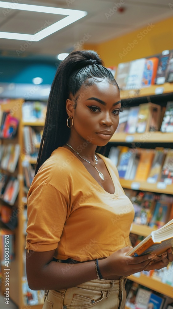 Black woman with book in bookstore