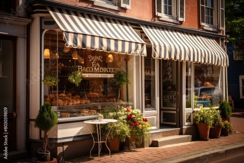 A Charming Small Town Bakery with a French-Style Striped Awning, Freshly Baked Goods Visible Through the Window