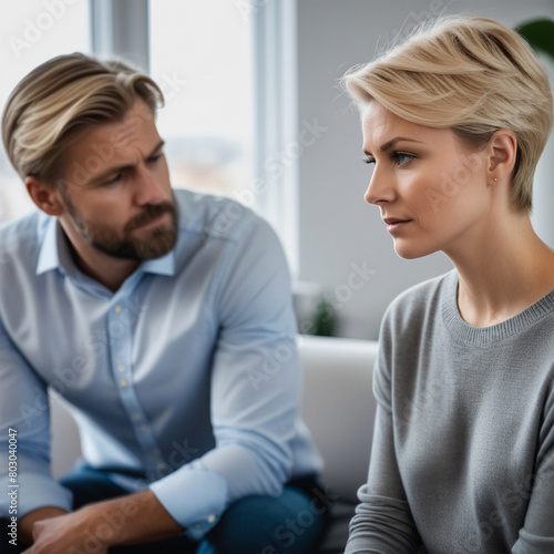 Married couple sitting on couch during therapy session with psychologist. Family couple counseling having conversation about problem at therapy session. Couples therapy, session with a psychotherapist
