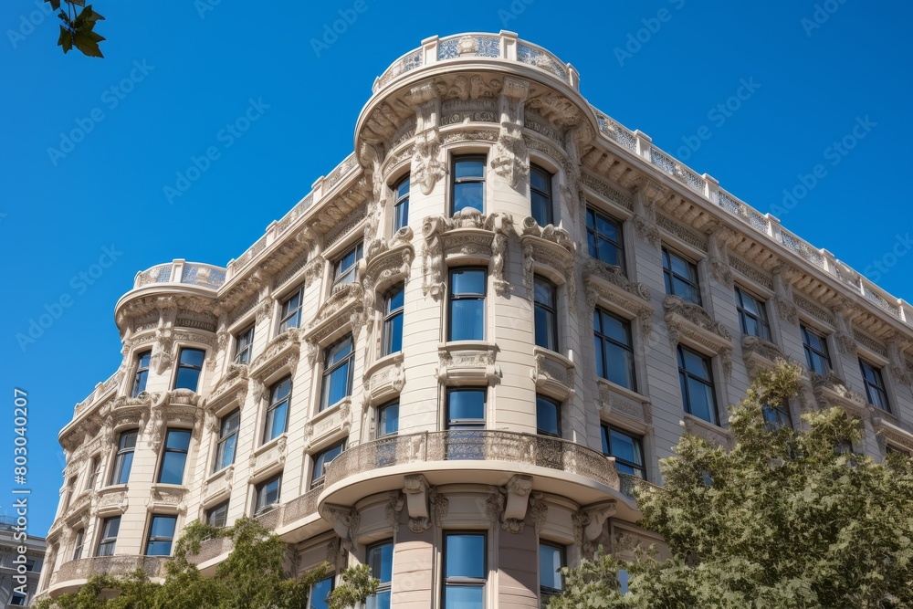 Fototapeta premium A Classic Cream-Colored Office Building with Intricate Architectural Details and Lush Green Surroundings Under a Clear Blue Sky