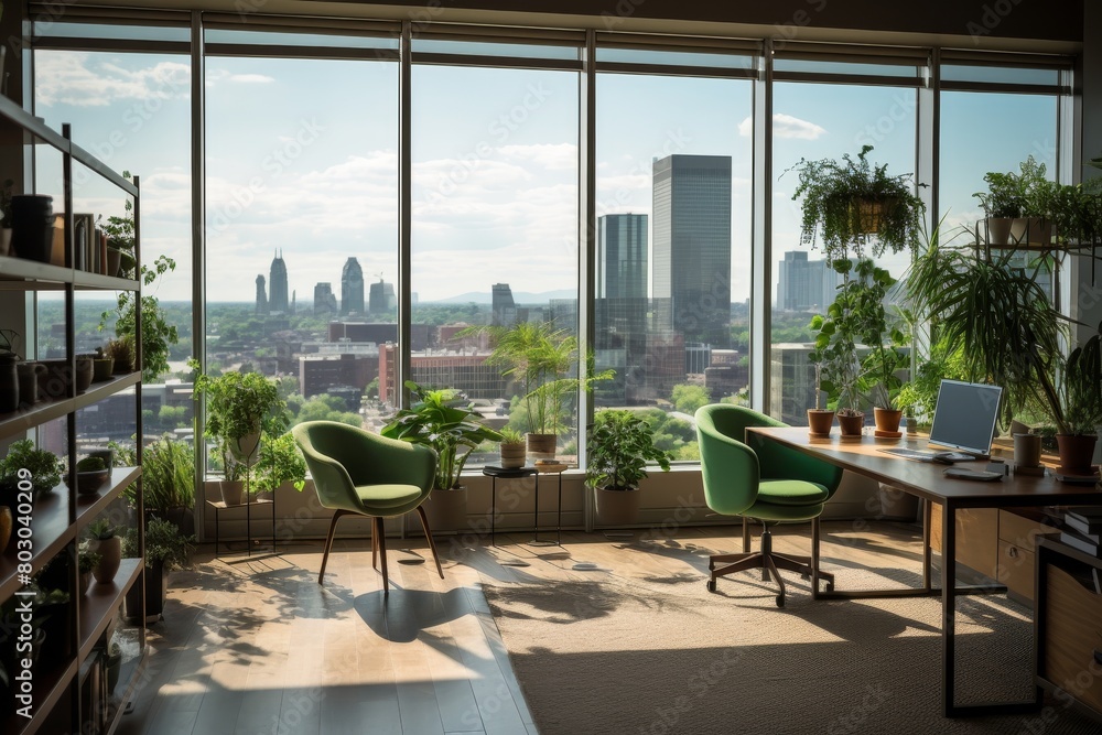 A Spacious Olive Green Corner Office with Large Windows Overlooking the City, Modern Furniture, and Indoor Plants