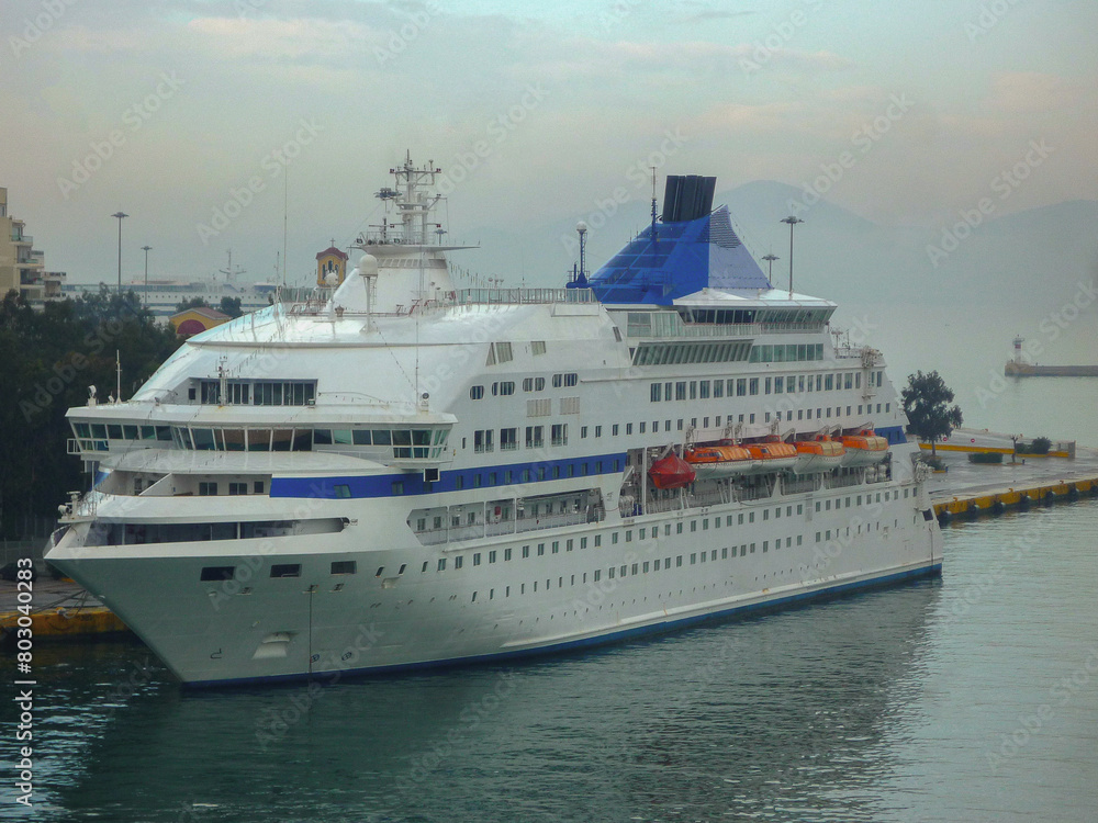 Small classic cruiseship or cruise ship liner Cristal in Piraeus, Athens cruise port Greece for Greek Islands Aegean summer cruising on family vacation
