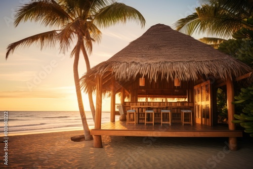 A Tranquil Evening at a Tiki Hut on a Tropical Beach  with Palm Trees Swaying in the Breeze and the Sun Setting Over the Ocean